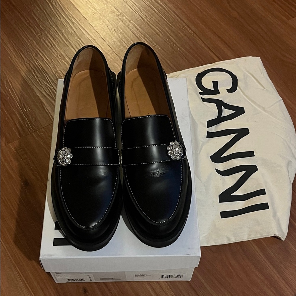 Ganni Black Loafers with Silver Embellishment